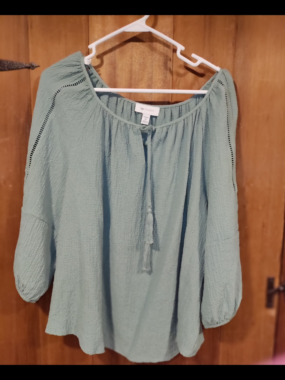 AB Studio Sage Green Peasant Blouse with Tassel Tie Size 0X